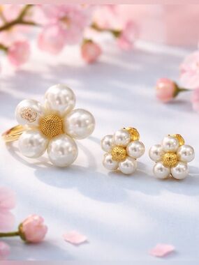 Flower pearl Earrings and brooch set
